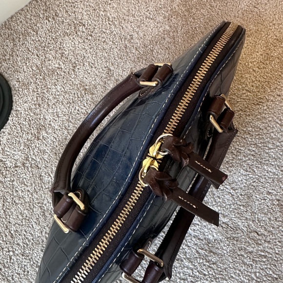 Dooney & Bourke Midnight Blue Croc “Zip-Zip”Embossed Satchel with Brown Trim - Picture 6 of 9